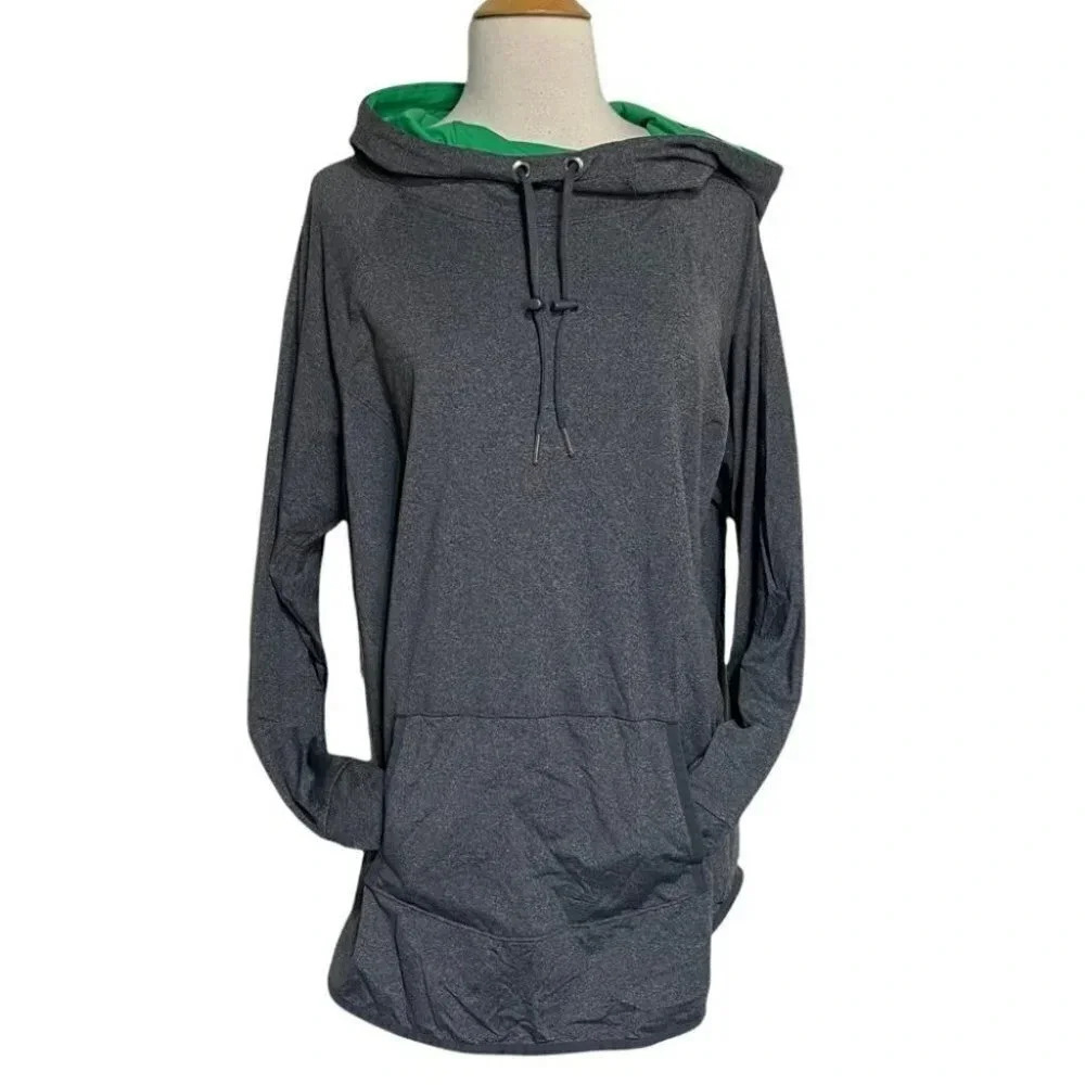 Exertek Hoodie 2X Gray Green Pullover Cowl Neck Thumbhole Activewear Top